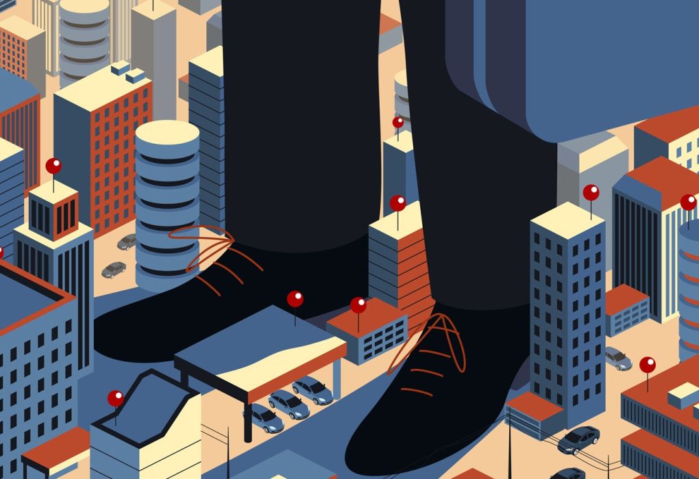 This colorful illustration depicts a very large man standing in the middle of the city, this is a monopolist who imposes his own interests on competitors and society.